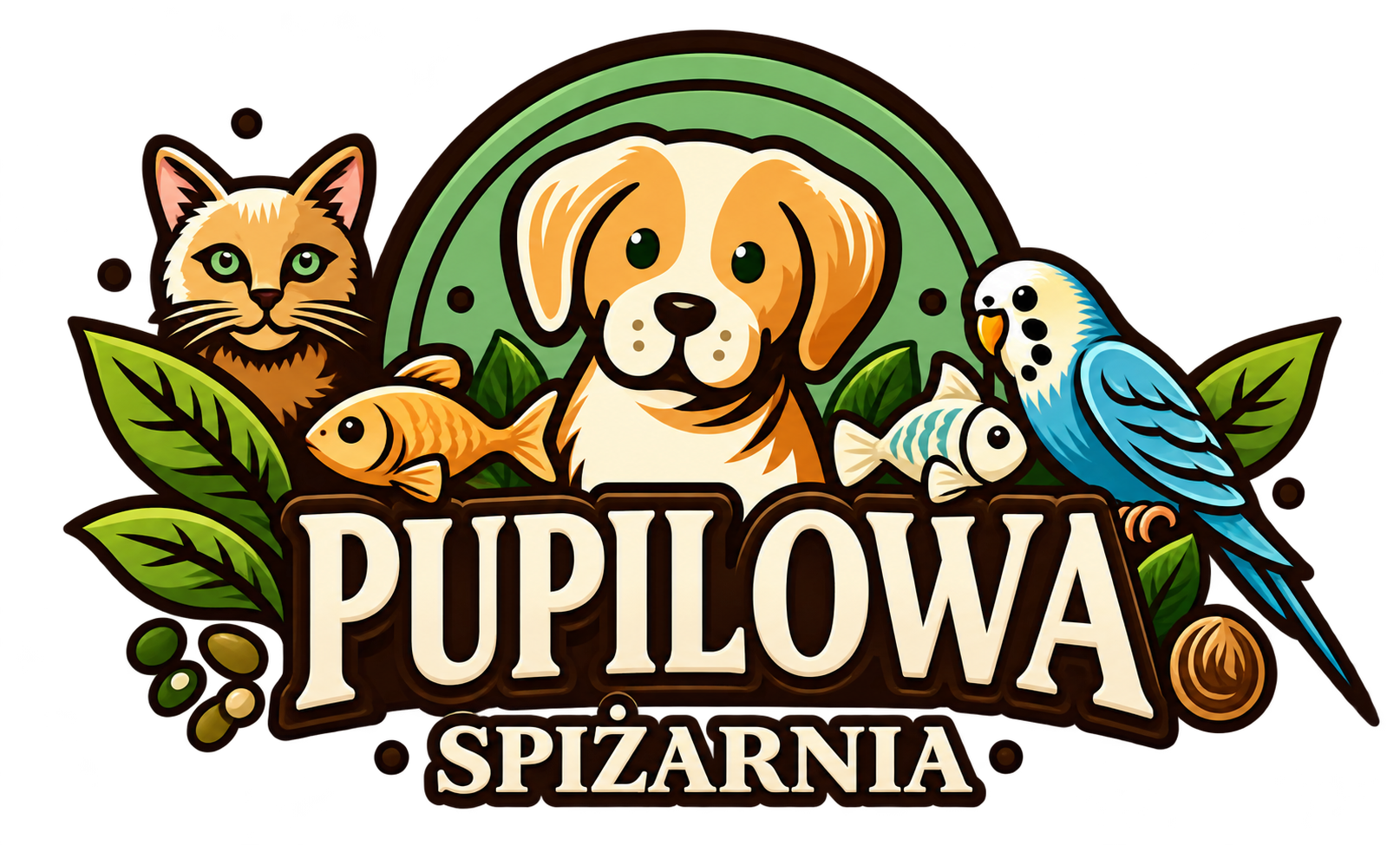 Pupilowa Spiżarnia — logo z psem, kotem, papużką i rybkami