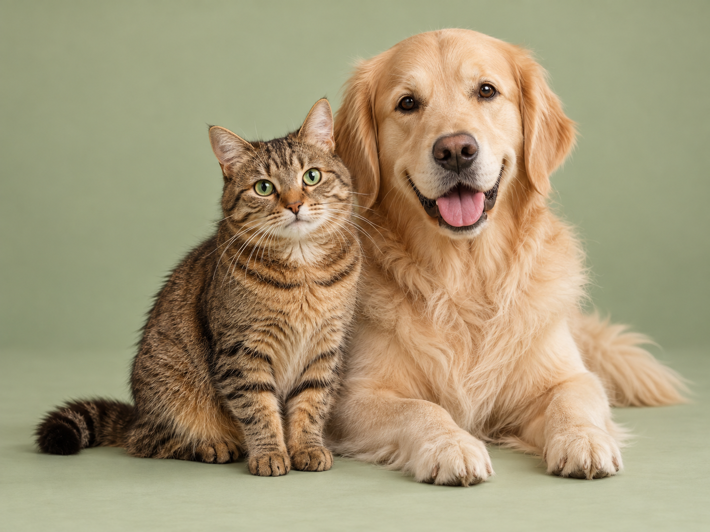 Pogodny golden retriever i pręgowany kot siedzący obok siebie na szałwiowym tle